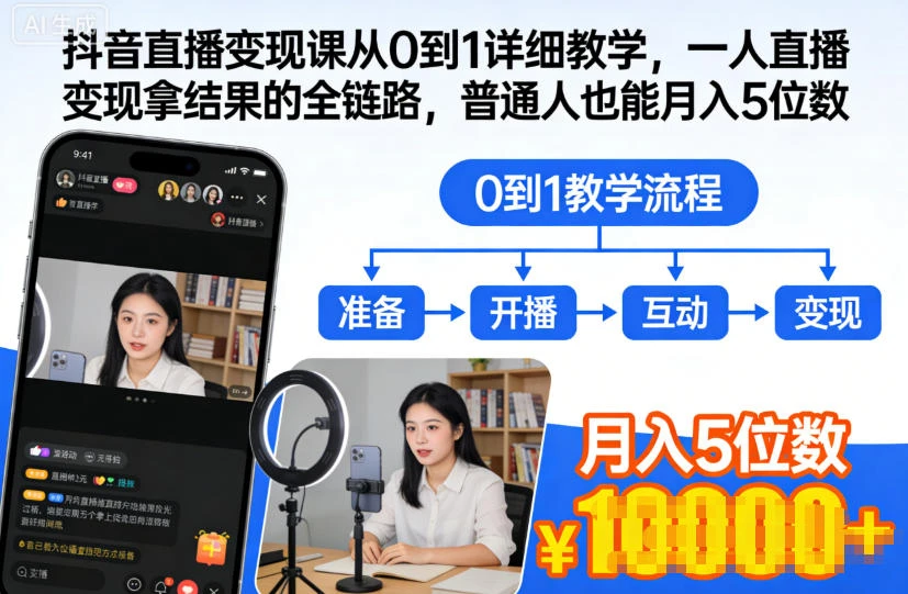 【精】抖音直播变现课从0到1详细教学，一人直播变现拿结果的全链路，普通人也能月入5位数