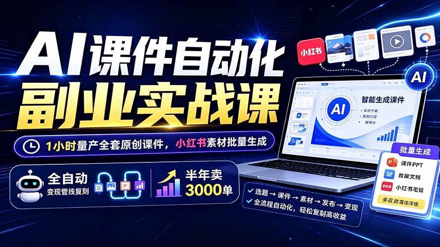 (19518期)AI课件自动化副业实战课:1小时量产全套原创课件×小红书素材批量生成×全自动变现管线×半年卖3000单 AI课件自动化副业实战课:1小时量产全套原创课件×小红书素材批量生成×全自动变现管线×半年卖3000单