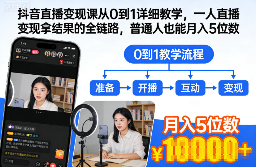 抖音直播变现课从0到1详细教学,一人直播变现拿结果的全链路,普通人也能月入5位数 抖音直播变现课从0到1详细教学,一人直播变现拿结果的全链路,普通人也能月入5位数