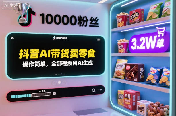 抖音AI带货卖零食，操作简单，全部视频用AI生成，一万粉丝，卖了3.2W单