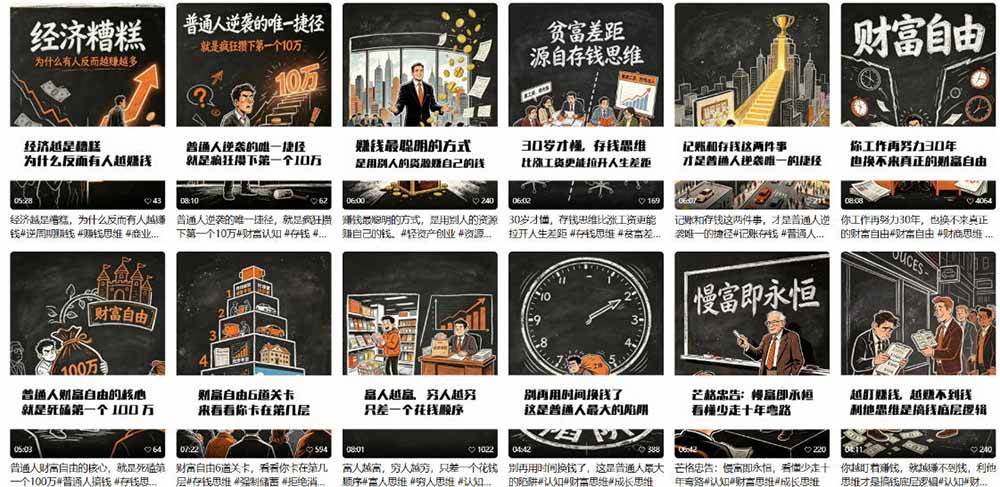 AI书单财富书籍图文解读：手绘黑白风格×一键直出×几十条视频跑1000单×全流程拆解×新手可上手