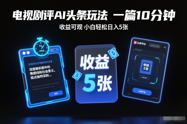 电视剧评AI头条玩法，一篇10分钟，收益可观，小白轻松日入5张+【独家】