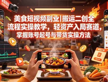 美食短视频副业|搬运二创全流程实操教学,轻资产入局赛道,掌握账号起号与带货实操方法