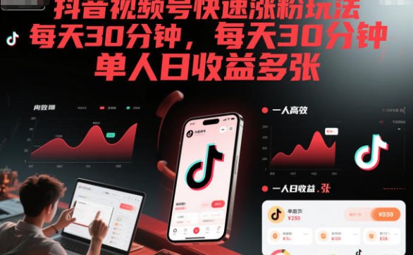 抖音视频号快速涨粉玩法，每天30分钟，单人日收益多张