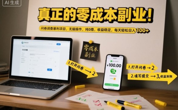 真正的零成本副业！问卷调查暴利项目，无脑操作，纯0撸，收益稳定，每天轻松日入100+【揭秘】