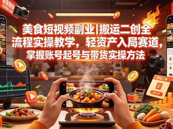 美食短视频副业|搬运二创全流程实操教学,轻资产入局赛道,掌握账号起号与带货实操方法