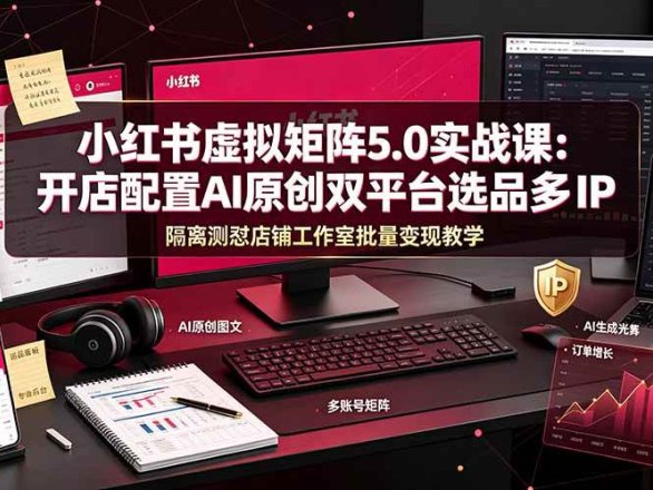 小红书虚拟矩阵5.0实战课:开店配置|AI原创|双平台选品|多IP隔离|测怼店铺工作室批量变现实操教学